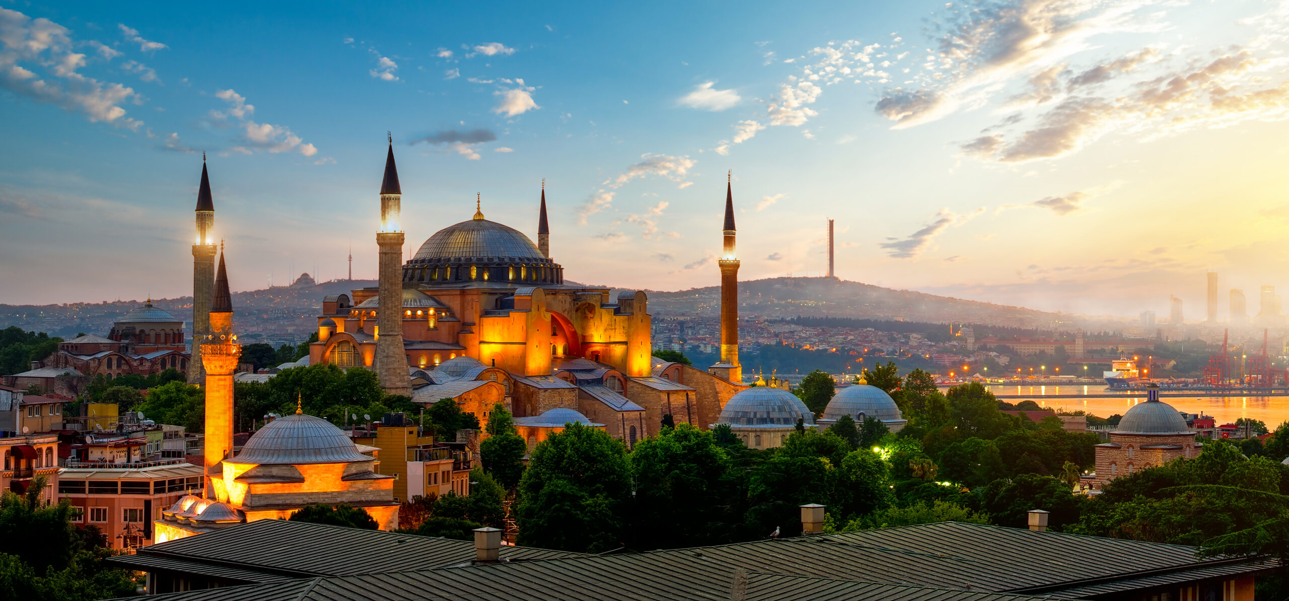 View on Ayasofya museum and cityscape of Istanbul at sunrise, Turkey